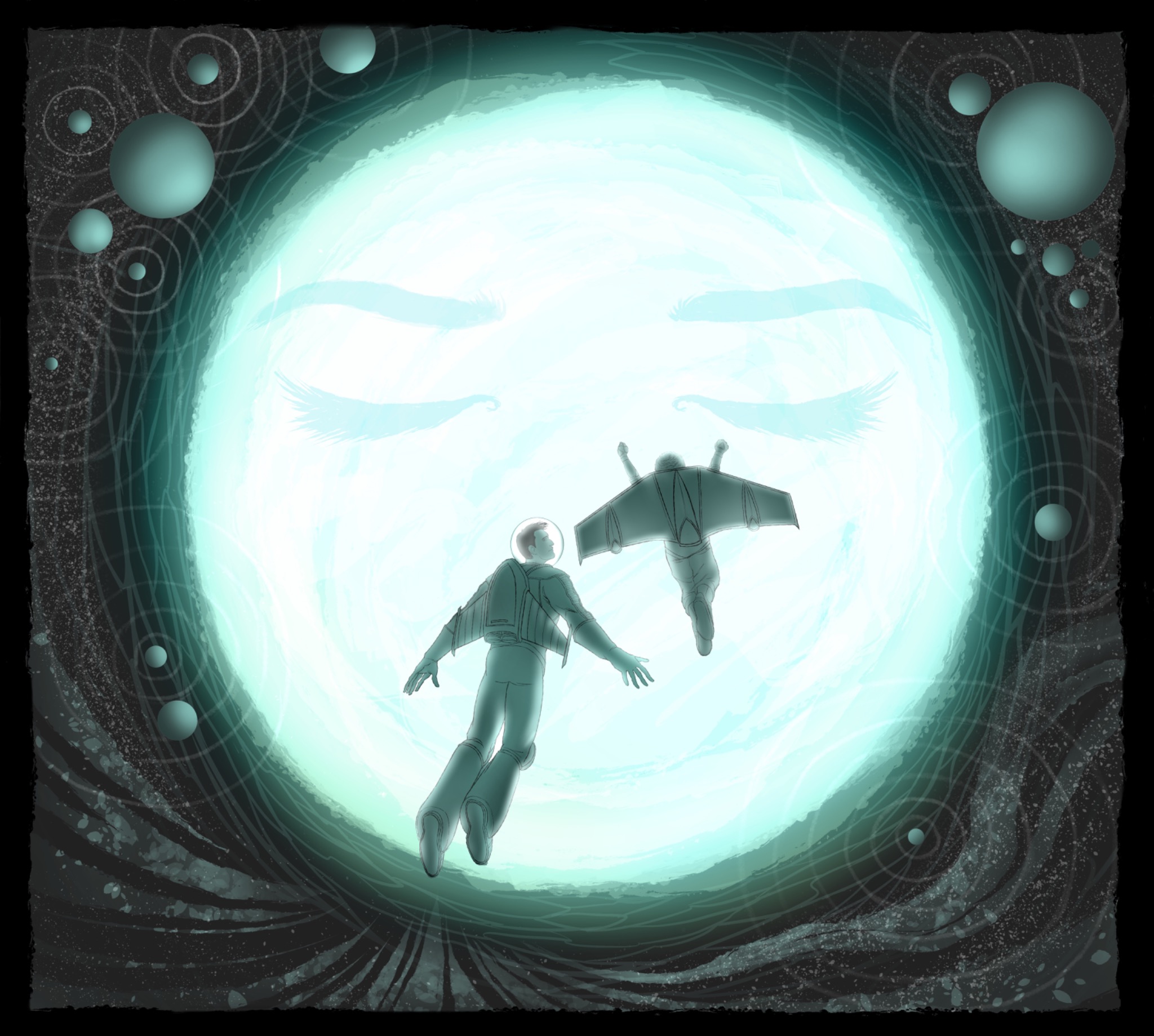 Finished Icarus page artwork showing Adam and Deus flying toward the moon