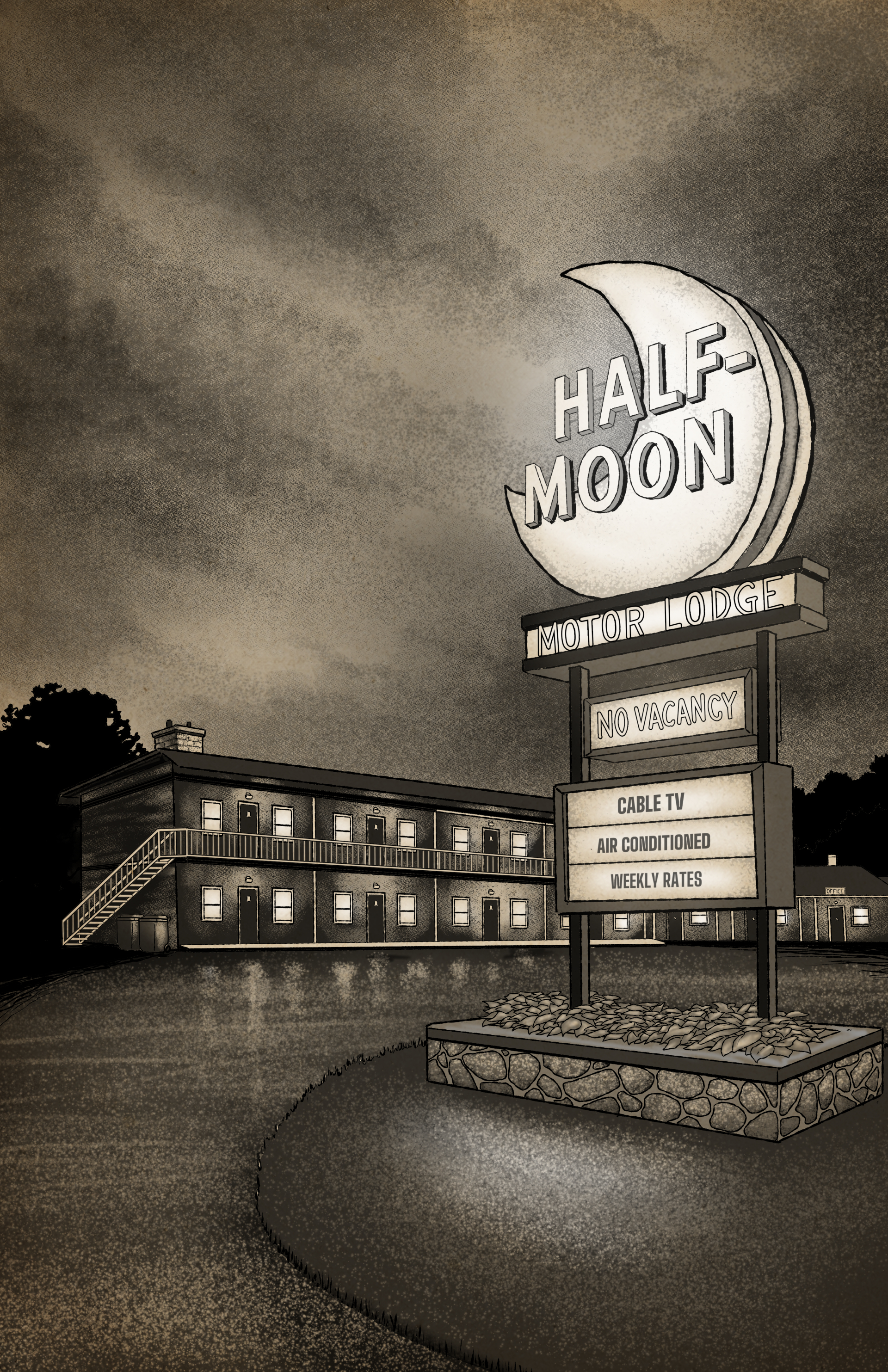The Half-Moon Motor Lodge exterior illustration from The Hollow